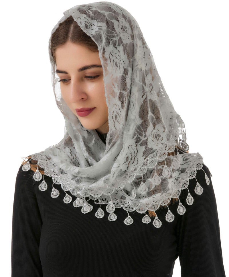 PAMOR Mass Veil Triangle Mantilla Cathedral Head Covering Chapel Veil Lace Shawl Latin Scarf (Gray) - Image 2